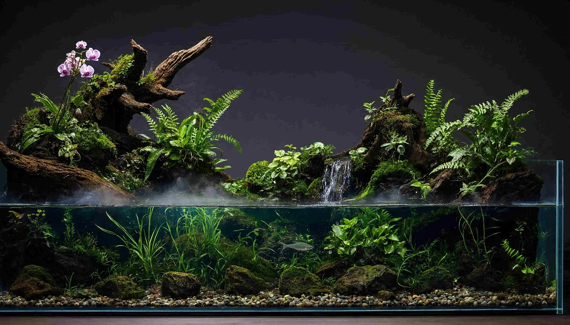 Nature aquarium aquascape with a clear rear background